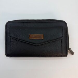 Wrangler Black Leather Zip Around Bifold Wallet Western Logo Patch Biker Grunge